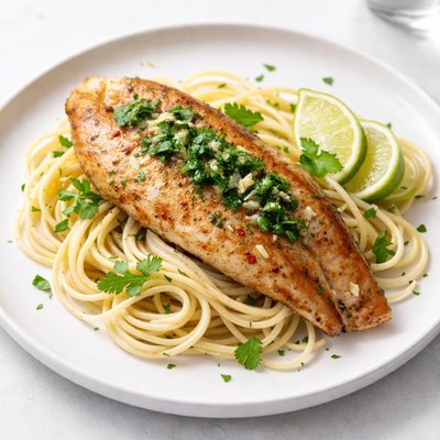 Image of Broiled Catfish with Lime Cilantro Butter on a Bed of Spaghetti