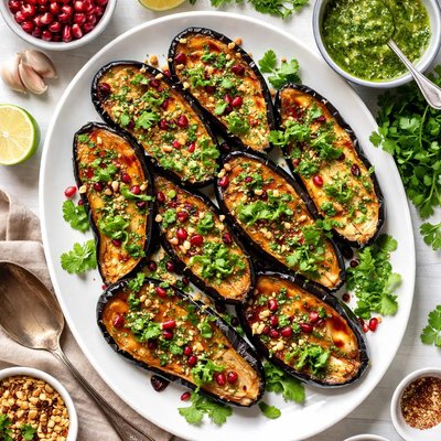 Image of Broiled Eggplant with Cilantro Mint Sauce