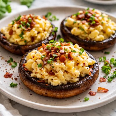 Image of Broiled Portabellas Topped with Creamy Scrambled Eggs