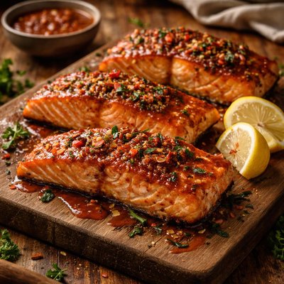 Image of Broiled Salmon Fillets with a Spicy Sauce