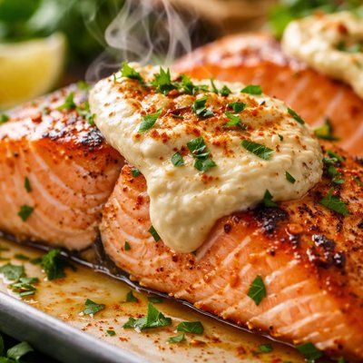 Image of Broiled Salmon Fillets with Hummus Sauce