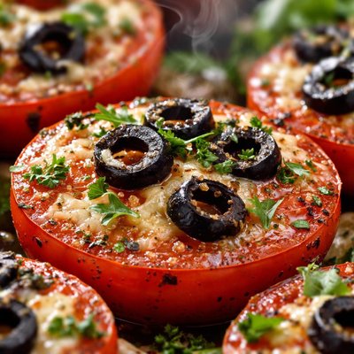 Image of Broiled Tomatoes with Black Olives and Romano Cheese