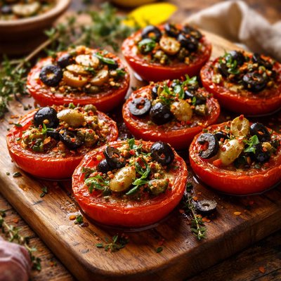 Image of Broiled Tomatoes with Olives and Garlic