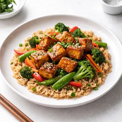 Image of Brown Rice Stir Fry with Flavored Tofu and Vegetables