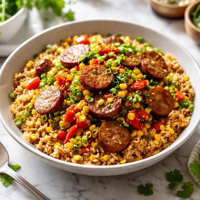 Image of Brown Rice with Andouille Corn and Red Peppers