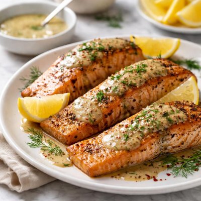 Image of Brown Sugar Roasted Salmon with Maple Mustard Dill Sauce