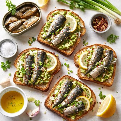 Image of Brown Toast with Sardines Lemon and Spring Green Onions