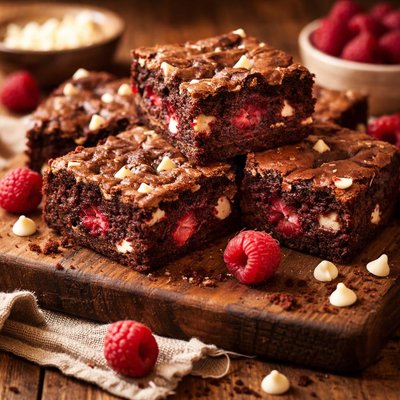 Image of Brownies with White Chocolate Chips and Raspberries