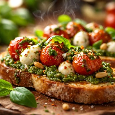 Image of Bruschetta with Pesto Tomatoes and Thingies