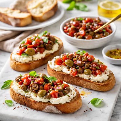 Image of Bruschetta with Ricotta and Olive Tomato Relish
