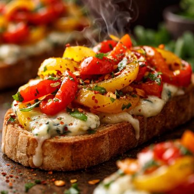 Image of Bruschetta with Sauteed Sweet Peppers and Creamy Gorgonzola