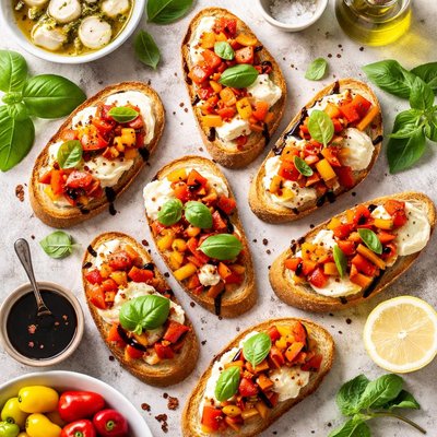 Image of Bruschetta with Sweet Peppers and Fresh Mozzarella
