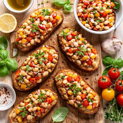 Image of Bruschetta with White Beans Tomatoes and Fresh Herbs