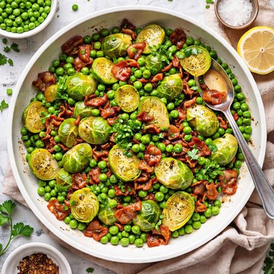 Image of Brussels Sprouts and Peas with Bacon