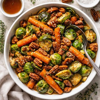 Image of Brussels Sprouts Baby Carrots and Pecans in a Maple Sauce