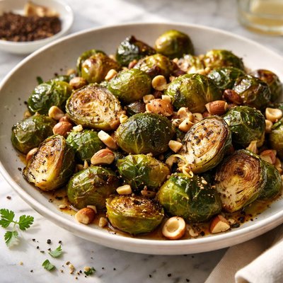 Image of Brussels Sprouts with Black Pepper Butter Hazelnuts