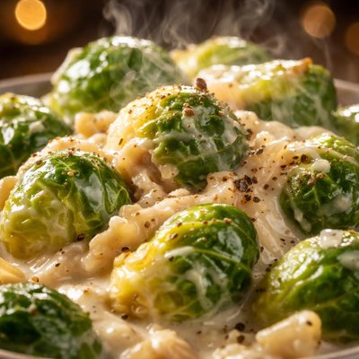 Image of Brussels Sprouts with Onion Alfredo Sauce