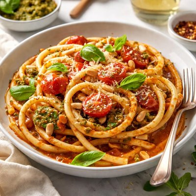 Image of Bucatini Alla Lipari Bucatini with Nut Pesto and Tomato Sauce