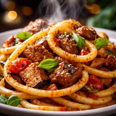 Image of Bucatini Lamb Eggplant Bucatini Melanzane Ed Agnello