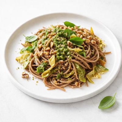 Image of Buckwheat Soba with Sauteed Cabbage and Walnut Pesto