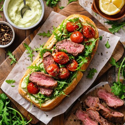 Image of Budget Steak Sandwich with Roasted Tomatoes Arugula Aioli