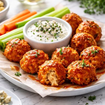 Image of Buffalo Chicken Cheese Balls with Blue Cheese Dip