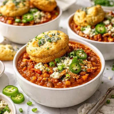 Image of Buffalo Chicken Chili with Blue Cheese Corn Mug Toppers