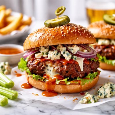 Image of Buffalo Sauce Burgers Stuffed with Blue Cheese