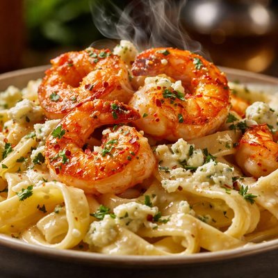 Image of Buffalo Shrimp with Fettuccine Bleu Cheese Sauce