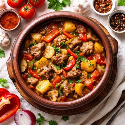 Image of Bulgarian Guvech Vegetable Casserole with Meat in a Clay Pot