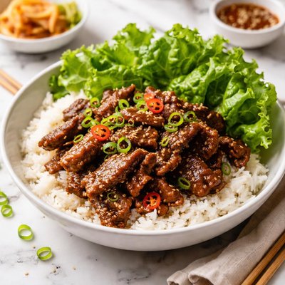 Image of Bulgogi Korean Beef with Rice and Lettuce