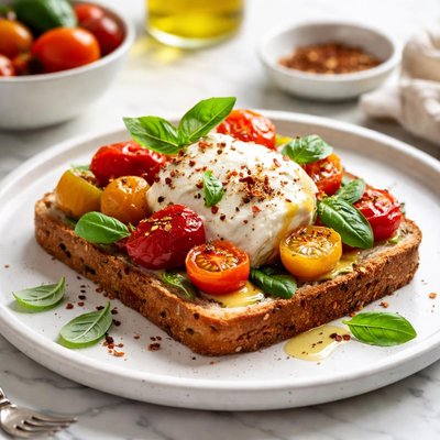 Image of Tosta de Burrata con Tomates Cherry y Albahaca