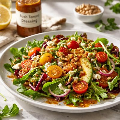 Image of Bush Tomato Dressing on a Bed of Greens