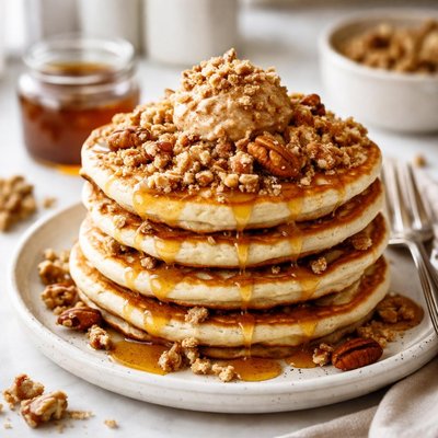 Image of Butter Pecan Crumble Pancakes with Homemade Cinnamon Maple Butte