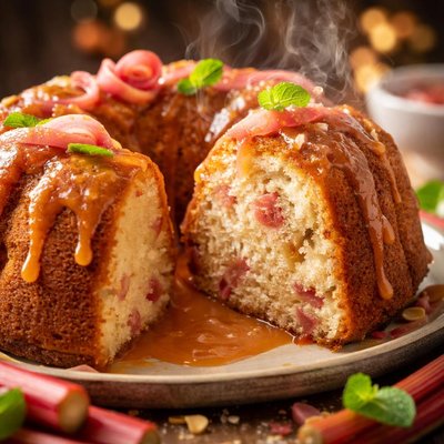 Image of Buttermilk Rhubarb Bundt Cake with Sauce