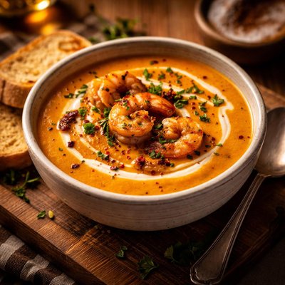 Image of Butternut Shrimp Soup Topped with Sherry