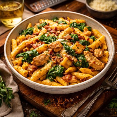 Image of Butternut Squash Penne with Chicken Bacon and Spinach