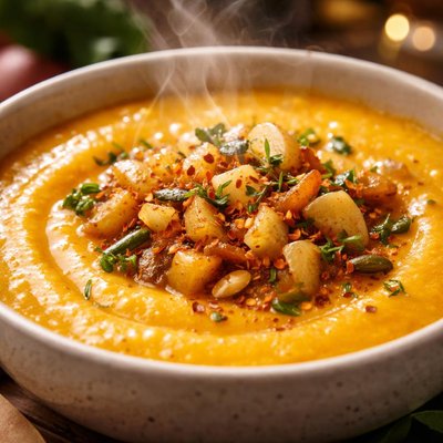 Image of Butternut Squash Soup with Apple Onion Topping Vegan