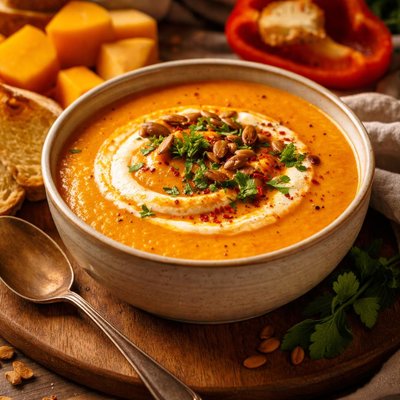 Image of Butternut Squash Sweet Potato and Red Pepper Soup