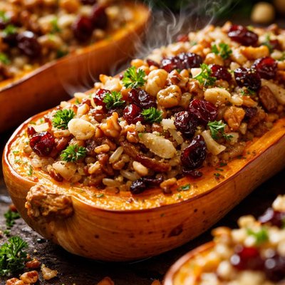 Image of Butternut Squash with Whole Wheat Wild Rice and Onion Stuffing