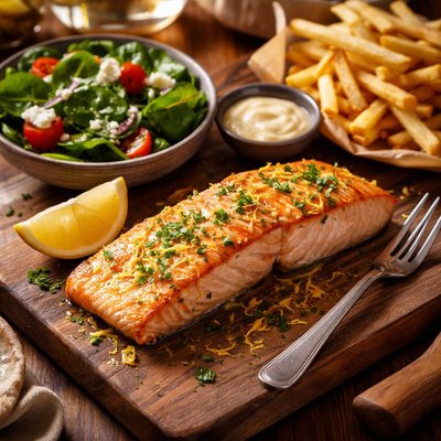 Image of Buttery Lemon Zest Salmon with Spinach Salade and Fries