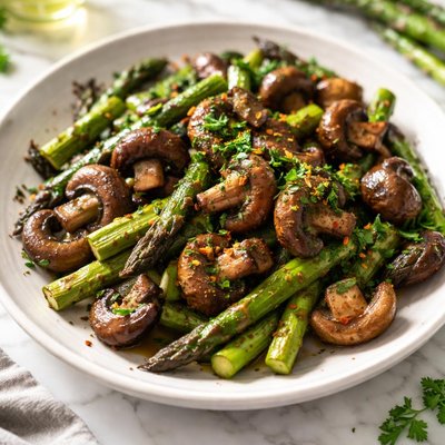 Image of Buttery Pan Roasted Mushrooms and Asparagus