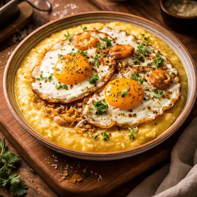 Image of Buttery Polenta with Parmesan Olive Oil Fried Eggs and Garlick