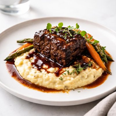 Image of Cabernet Braised Short Ribs with Gorgonzola Polenta and Mixed He