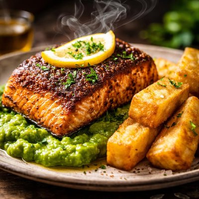 Image of Cajun Blackened Salmon with Pureed Peas and Door Stop Fries