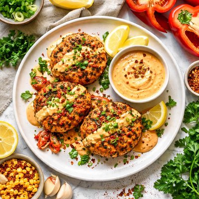 Image of Cajun Crawfish Crab Cakes with Spicy Red Pepper Sauce