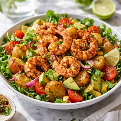 Image of Cajun Potato Prawn Shrimp and Avocado Salad