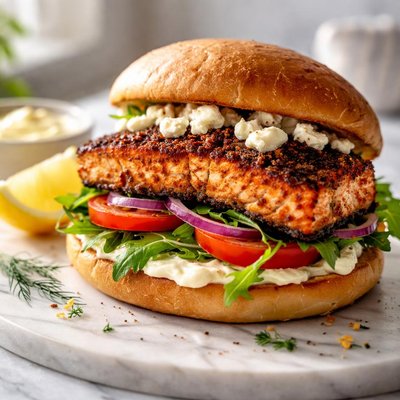 Image of Cajun Salmon Sandwich with Goat Cheese and Lemon Mayonnaise