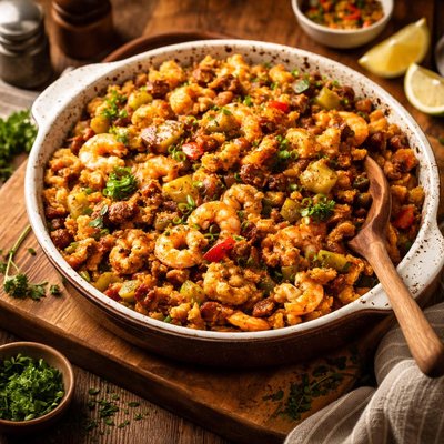 Image of Cajun Seafood Cornbread Stuffing for Pork Chicken or Fish