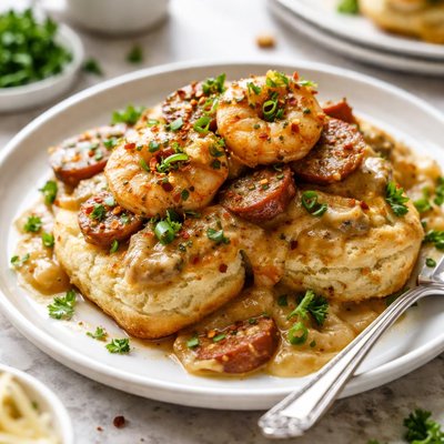 Image of Cajun Shrimp and Sausage Gravy Over Biscuits
